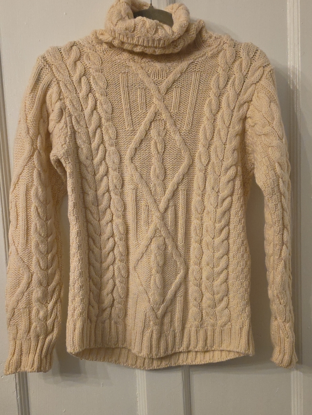 Aran Mor Merino Wool Cable Knit Turtleneck in Cream Irish Cableknit 100% Wool